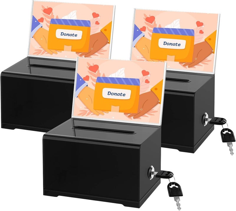 THUQ Clear Donation Box with Lock & Sign Holder, Versatile for Fundraising, Ballot Voting, Suggestions, and Tips Jar, Secure Storage Design, Size 6.2x4.6x4.0 Inch, Black 3 Pack - Image 1